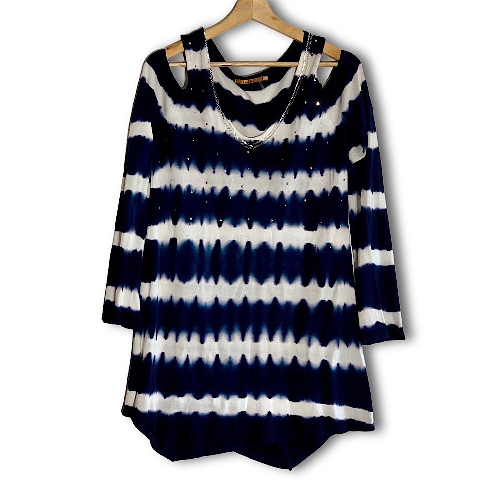 Belldini Cold-Shoulder Beaded Striped Tunic Top